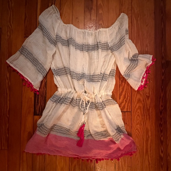 Boho Off Shoulder Dress Tunic | Beach Cover Up Tassel Pom Pom L Blue Island - Picture 5 of 6